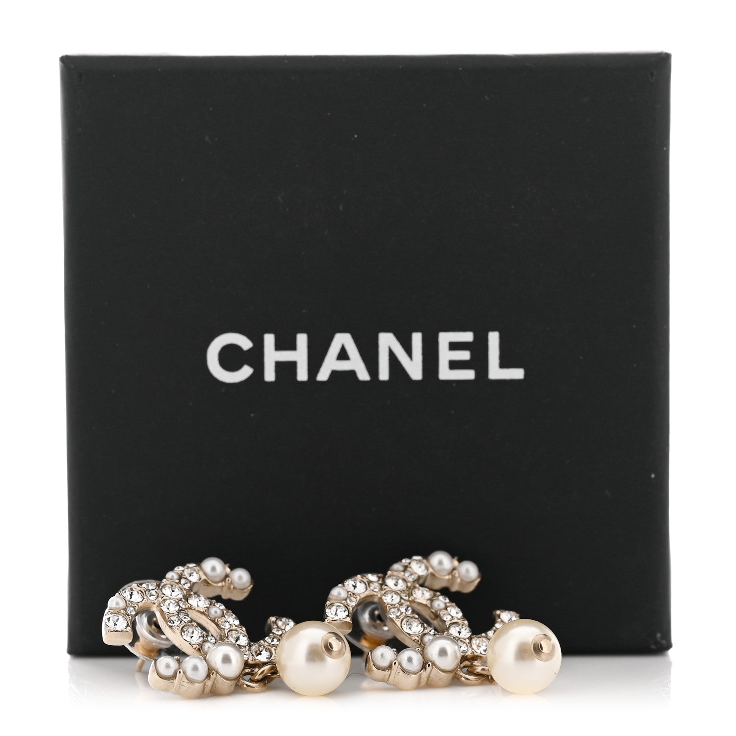 Chanel Crystal Pearl CC Drop Earrings Gold Pearly White 5 of 5