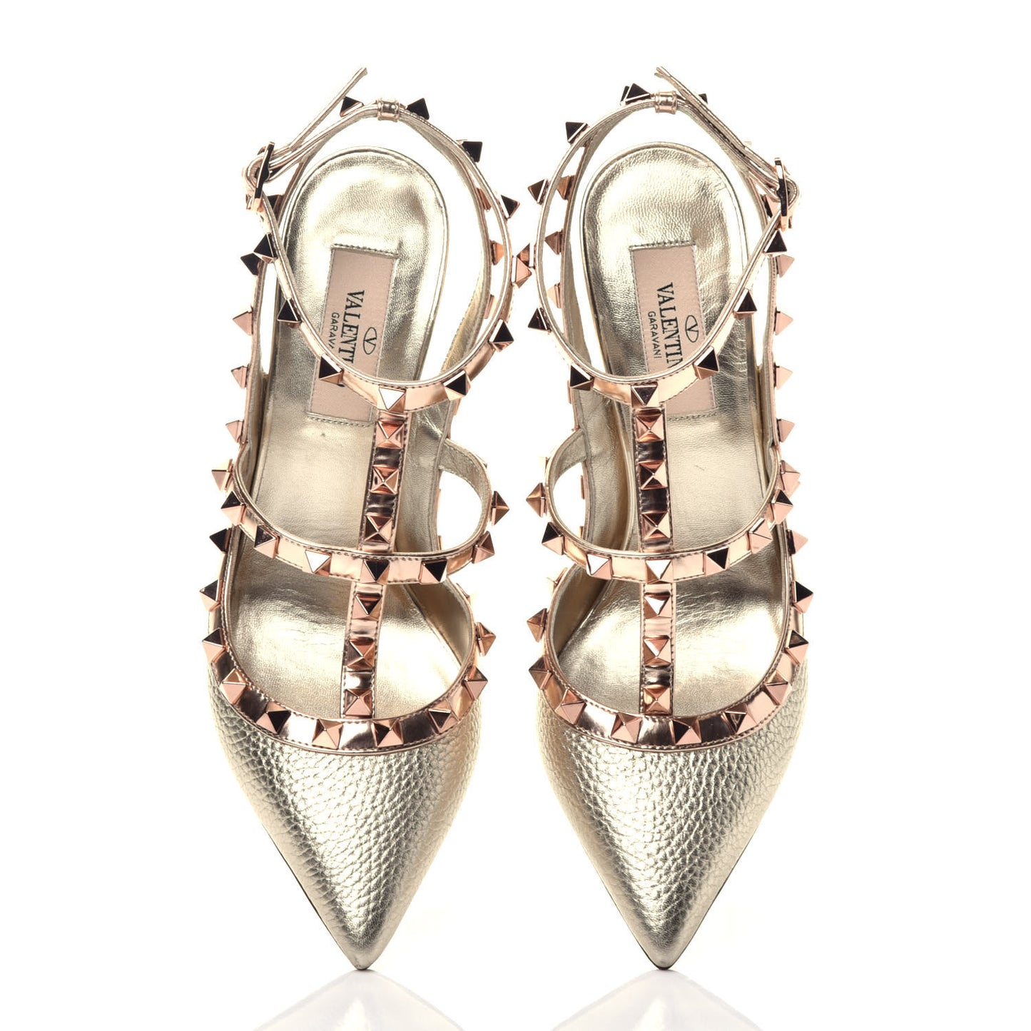 Metallic Pebbled Calfskin Rockstud Ankle Strap 100mm Pumps 36.5 Rame Sahara