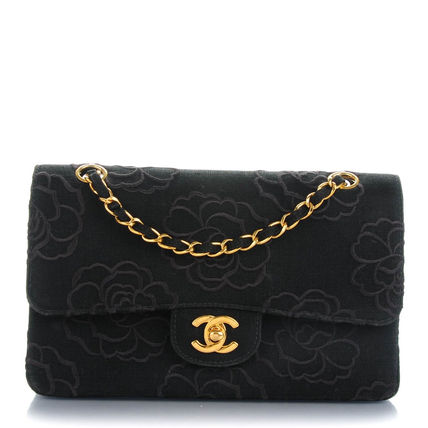 Canvas Camellia Embroidered Small Double Flap Black
