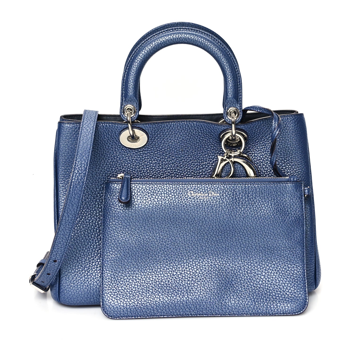 Metallic Bullcalf Medium Diorissimo Tote Blue