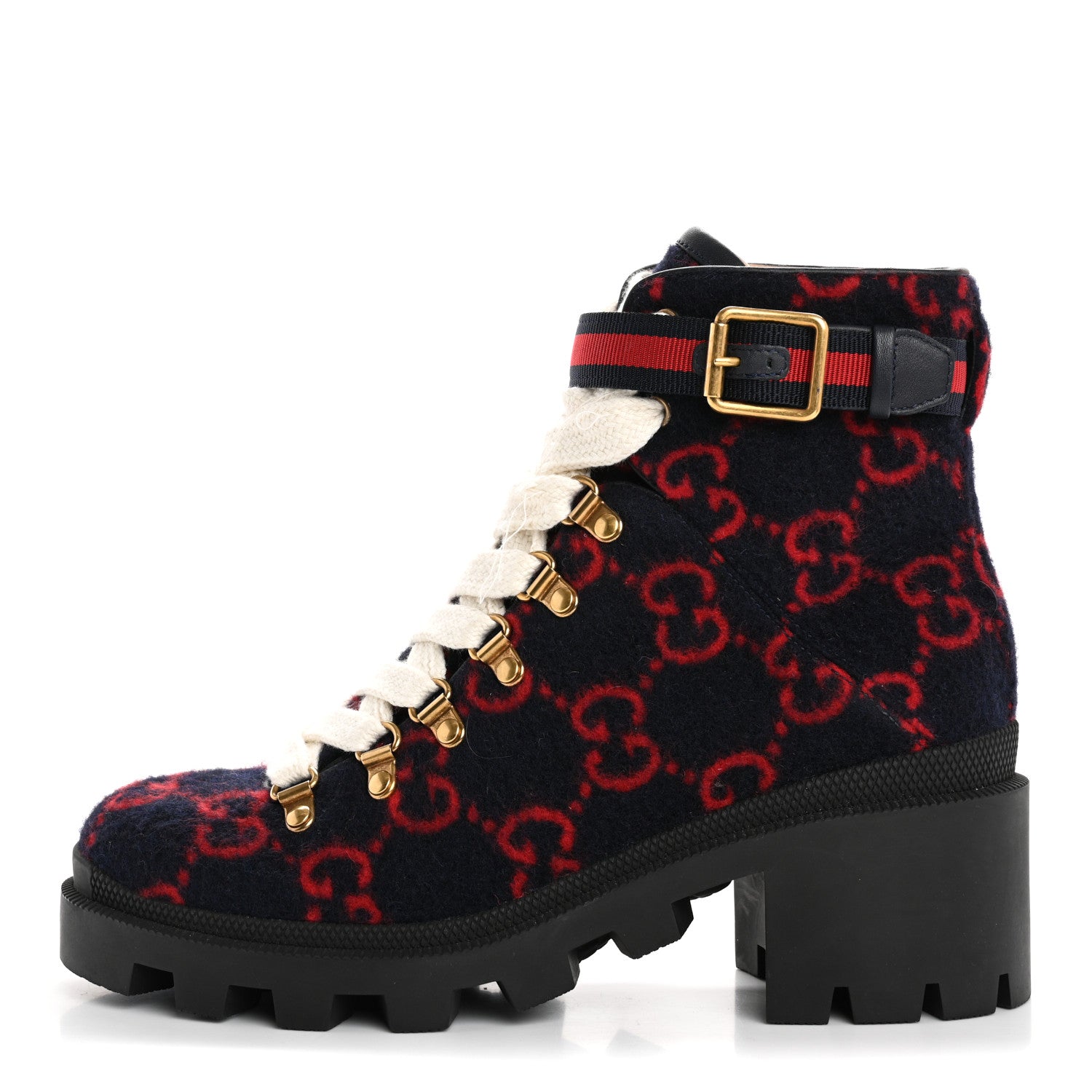 Gucci Covered Wool Big GG Monogram Womens Lace Up Combat Ankle Boots 37 Blue Red 1 of 9