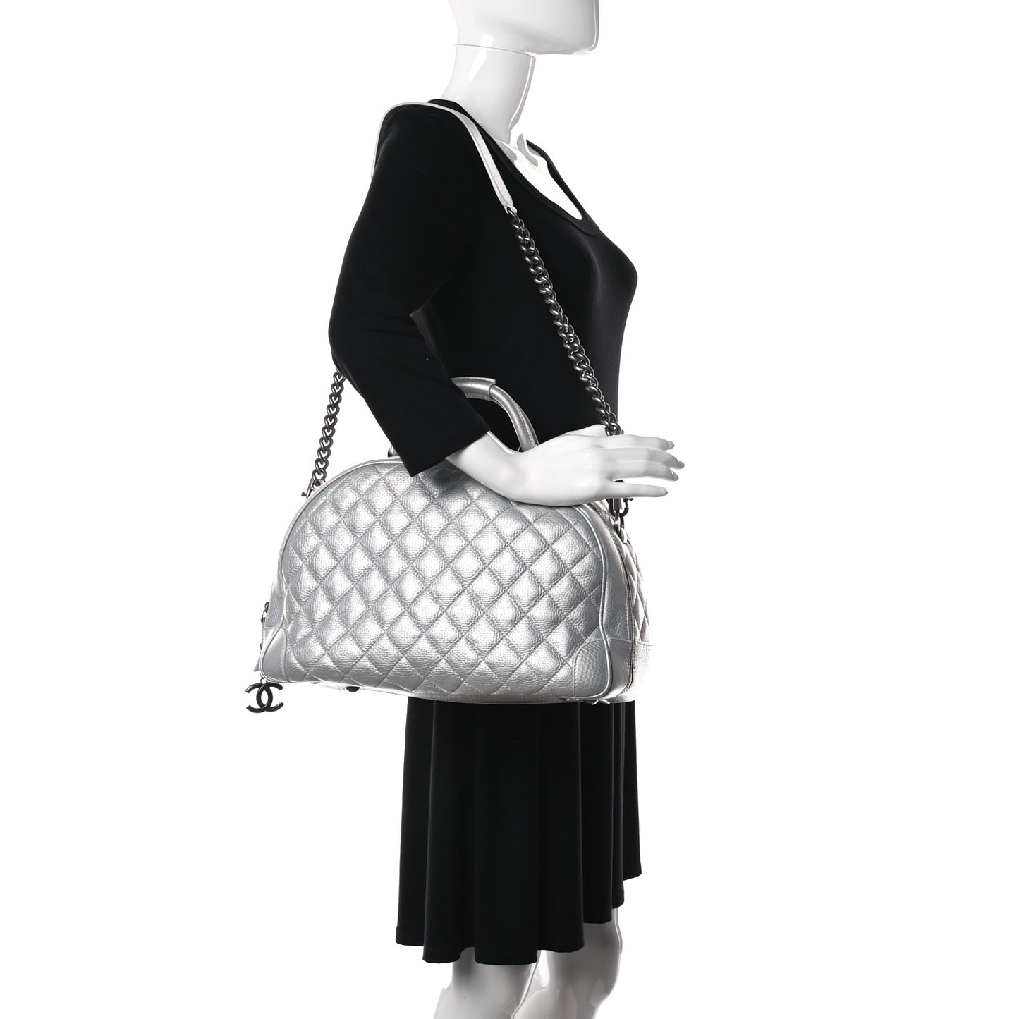 Metallic Calfskin Quilted Medium Airlines Round Trip Bowling Bag Silver