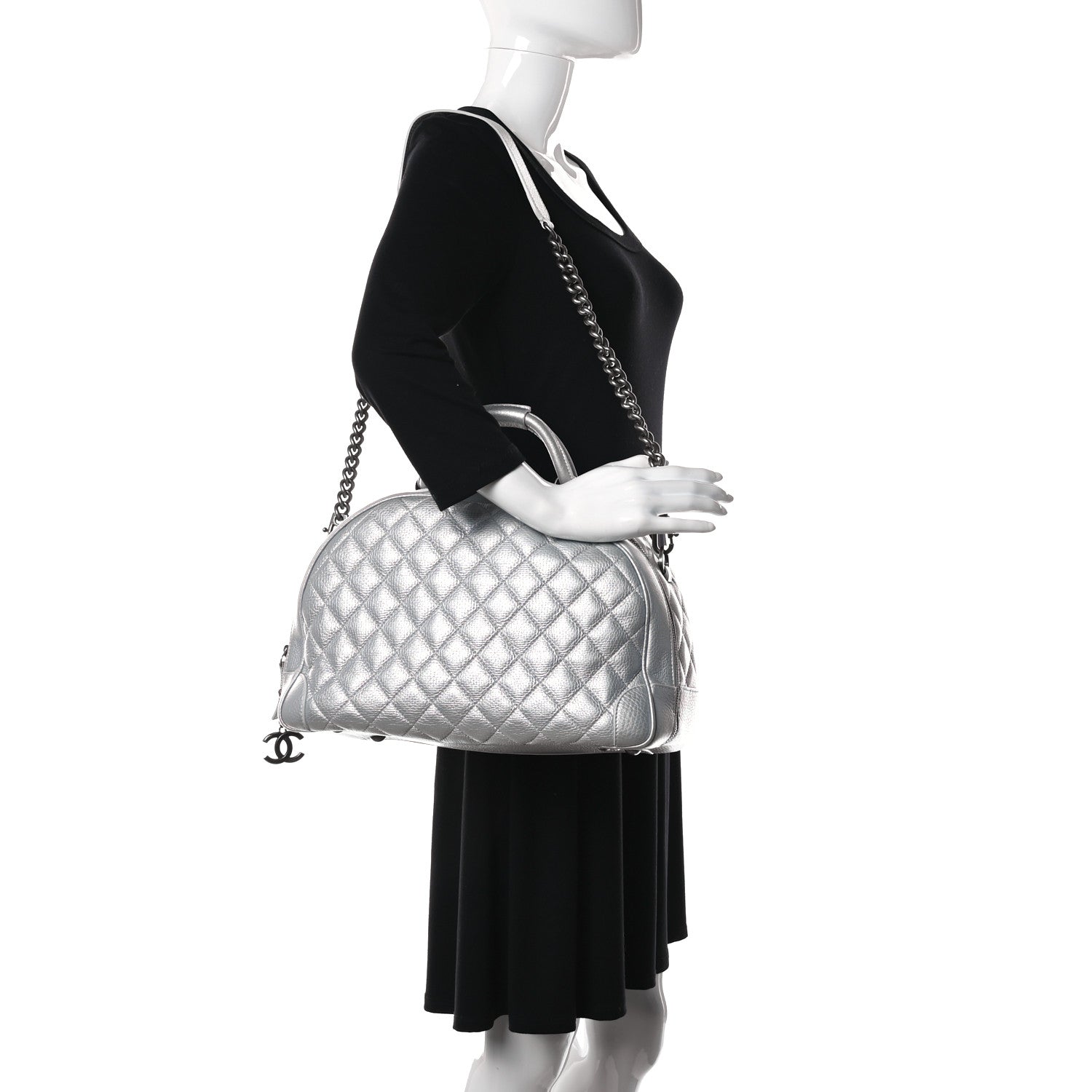 Chanel Metallic Calfskin Quilted Medium Airlines Round Trip Bowling Bag Silver 2 of 14