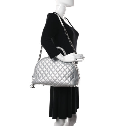 Chanel Metallic Calfskin Quilted Medium Airlines Round Trip Bowling Bag Silver 2 of 14