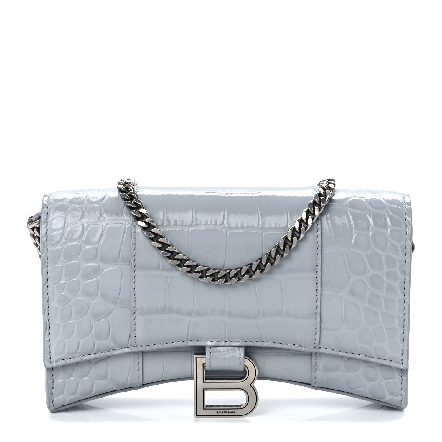 Balenciaga Shiny Calfskin Crocodile Embossed Hourglass Chain Bag Grey 1 of 11
