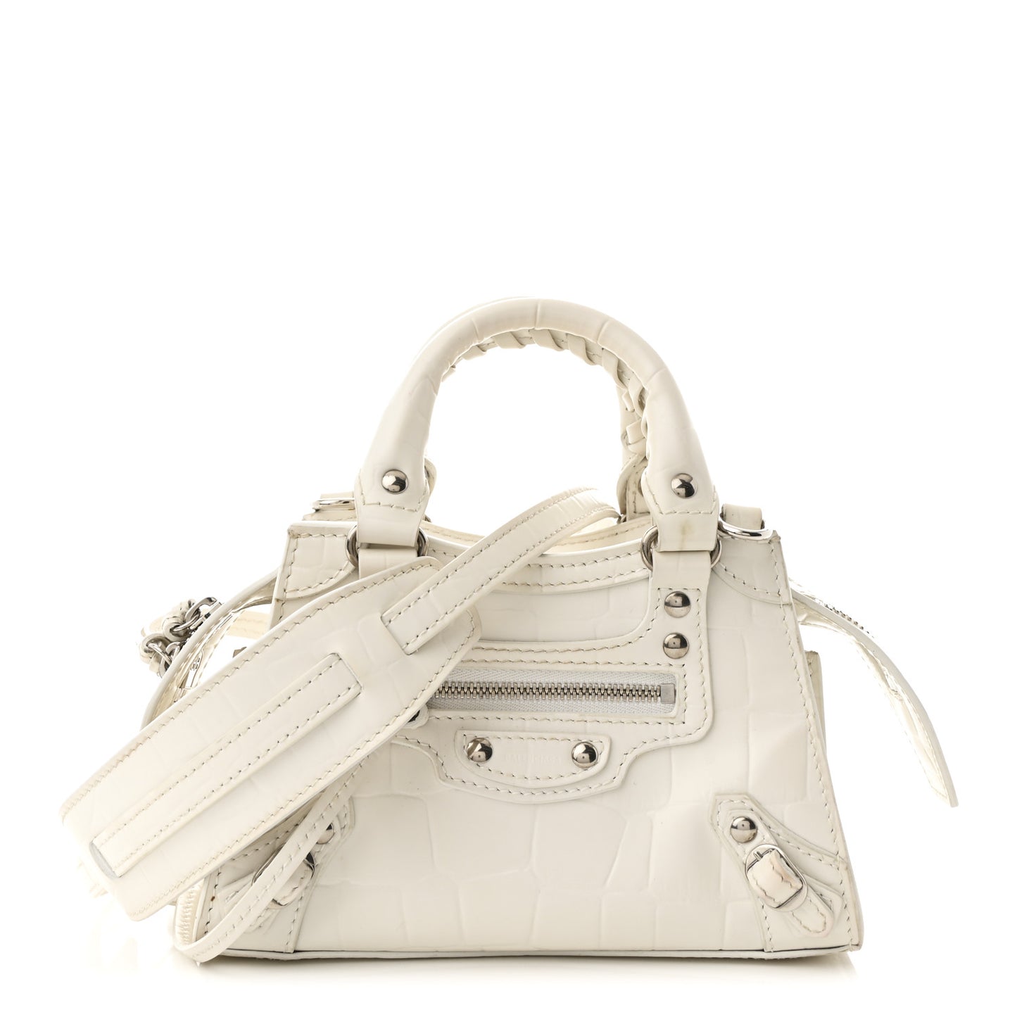 Semi Shiny Calfskin Crocodile Embossed Neo Classic Silver Hardware Nano City Crossbody White