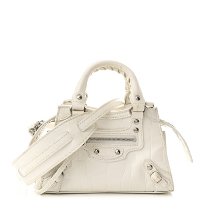 Balenciaga Semi Shiny Calfskin Crocodile Embossed Neo Classic Silver Hardware Nano City Crossbody White 1 of 13