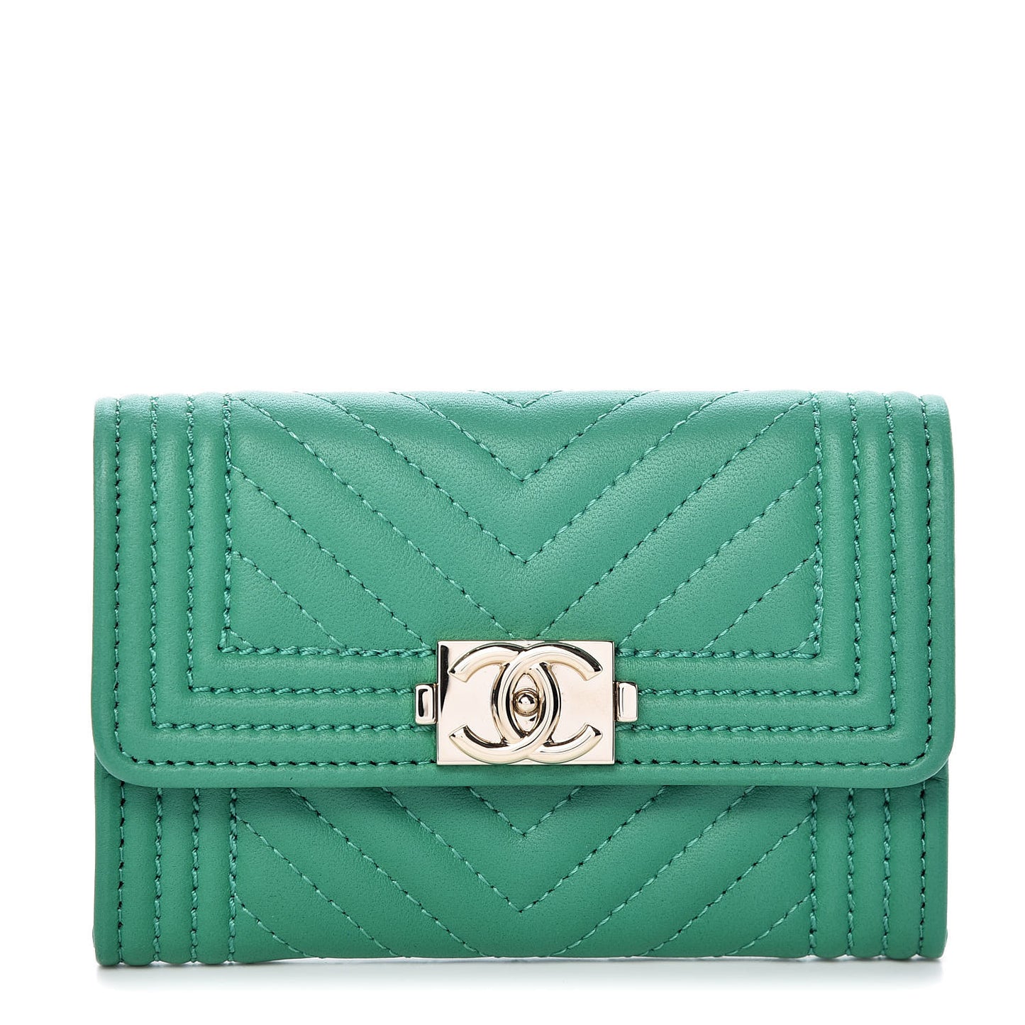Lambskin Chevron Quilted Boy Card Holder Wallet Green