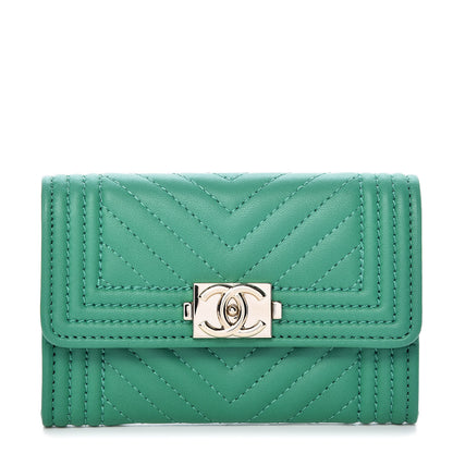 Chanel Lambskin Chevron Quilted Boy Card Holder Wallet Green 1 of 13