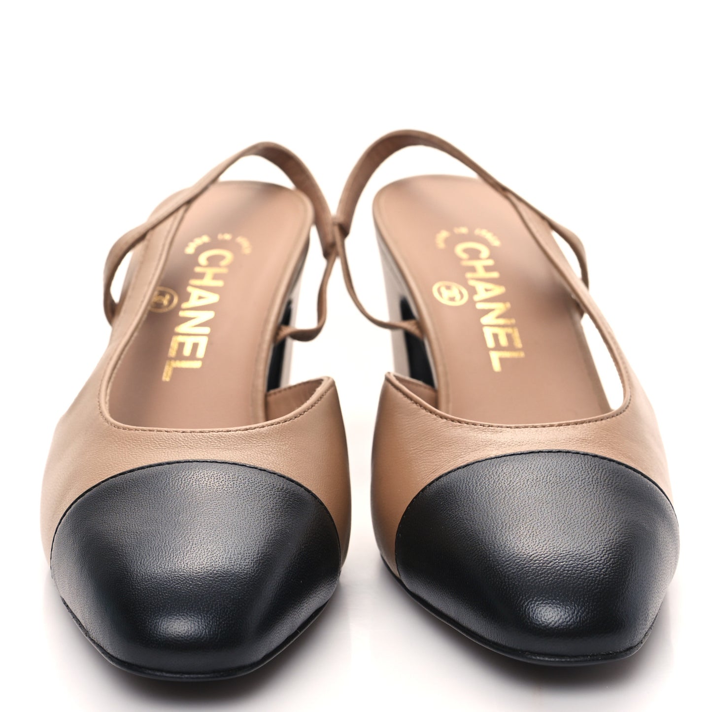 Lambskin Cap Toe CC Slingback Pumps 36 Dark Beige Black