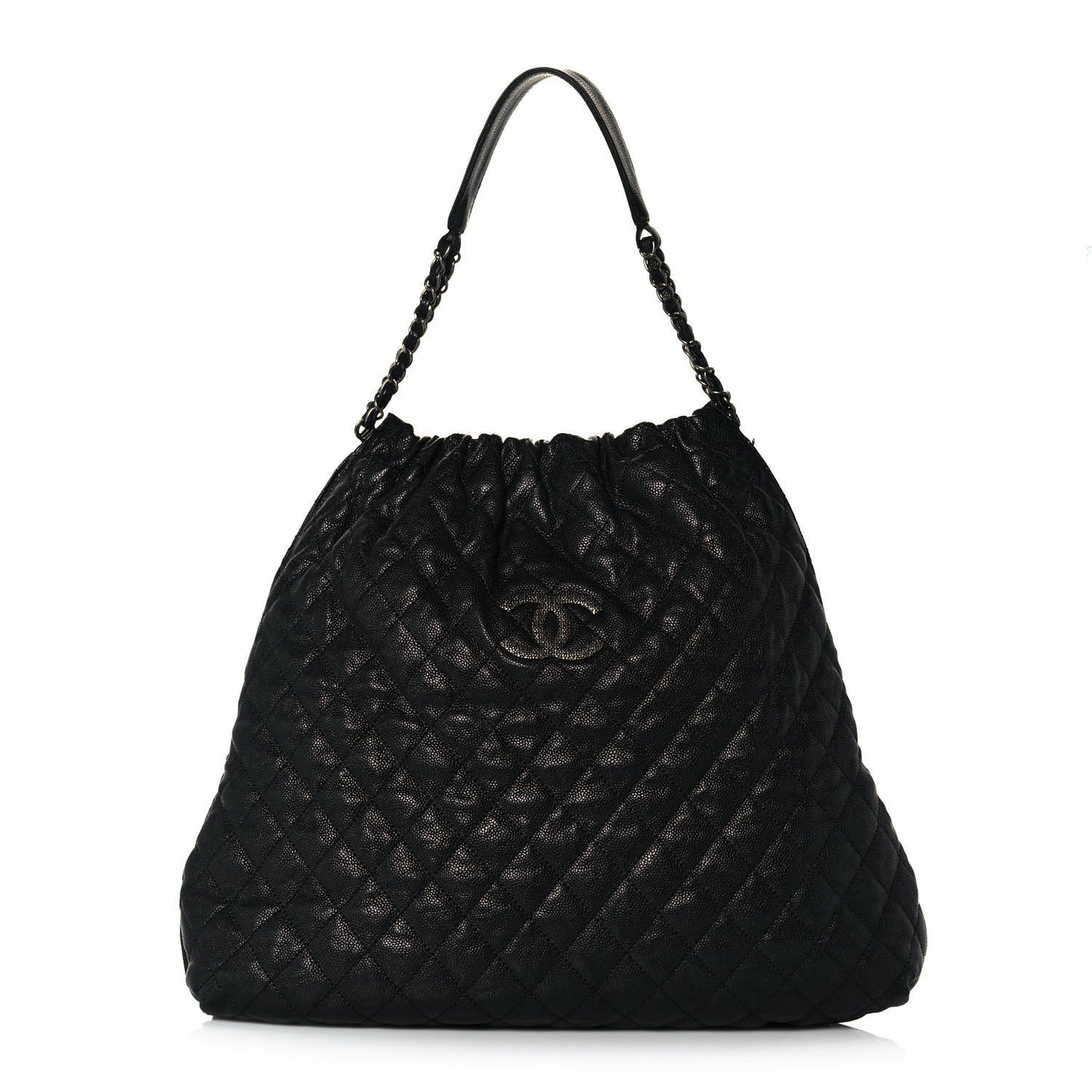 Distressed Glazed Caviar Quilted Large Elastic Tote Black