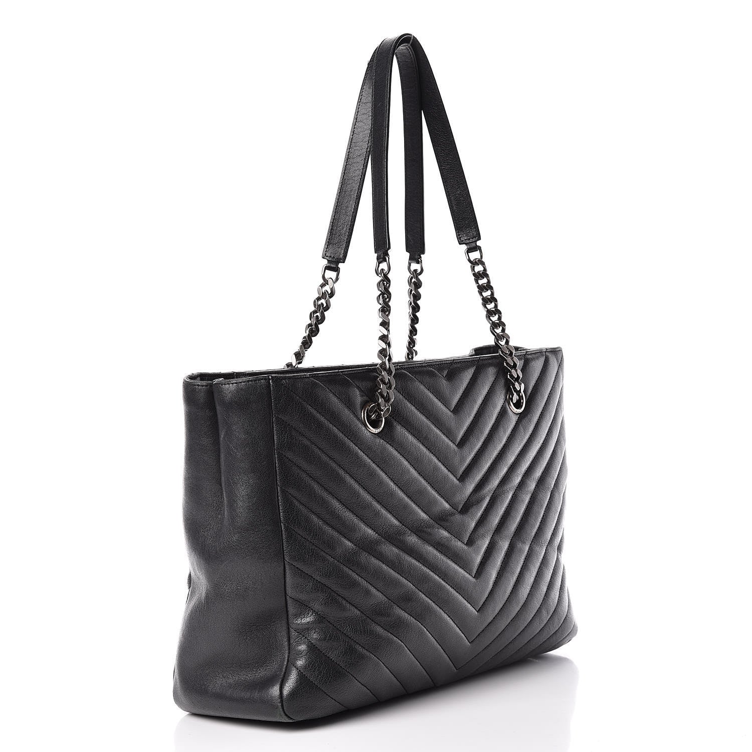 Saint Laurent Sheepskin Matelasse Chevron Large Monogram Shopping Bag Black 3 of 16