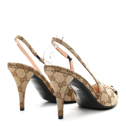 Gucci Canvas GG Monogram Horsebit Slingback Pumps 37.5 Beige Ebony Cocoa 5 of 11
