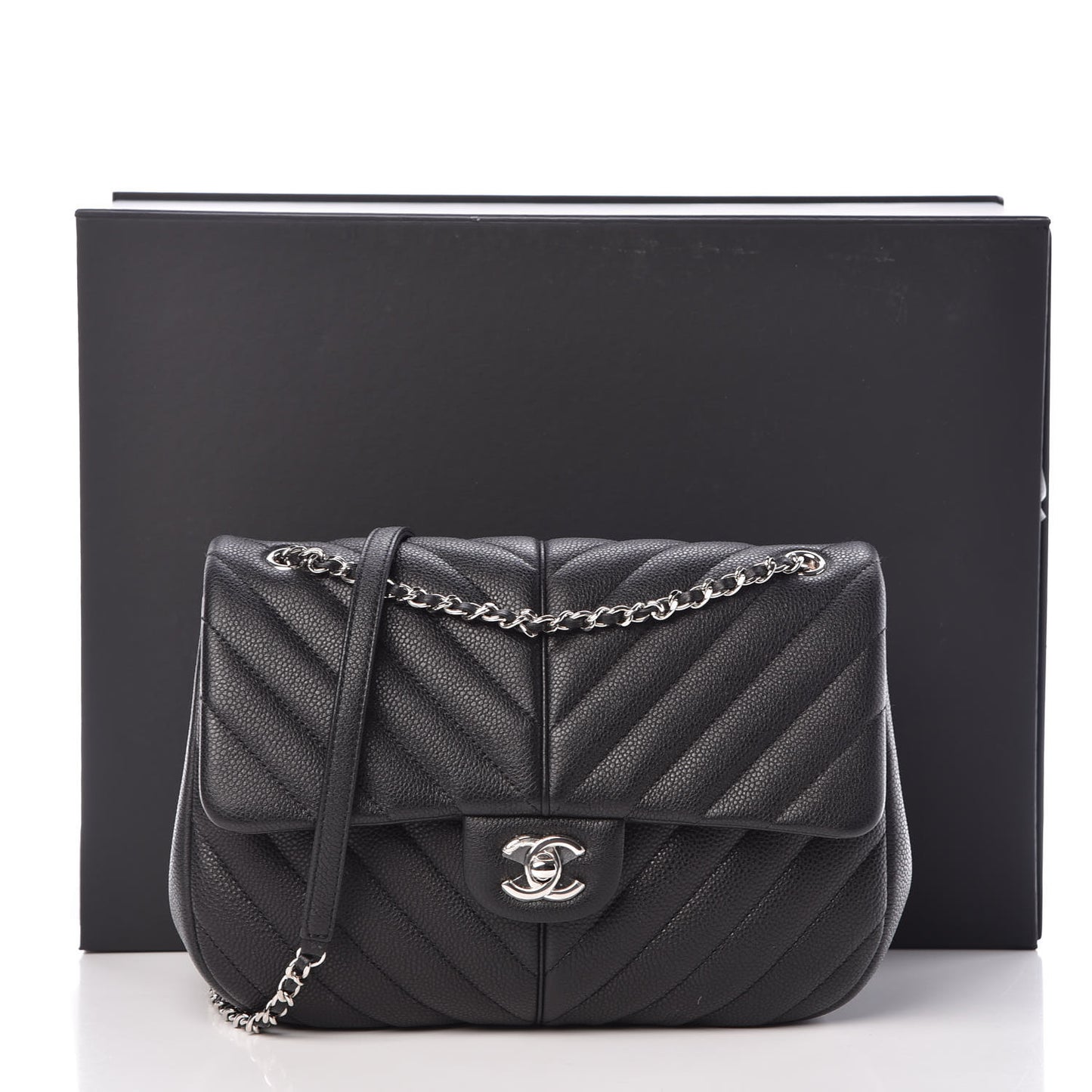 Caviar Chevron Quilted Small Puffy CC Flap Black