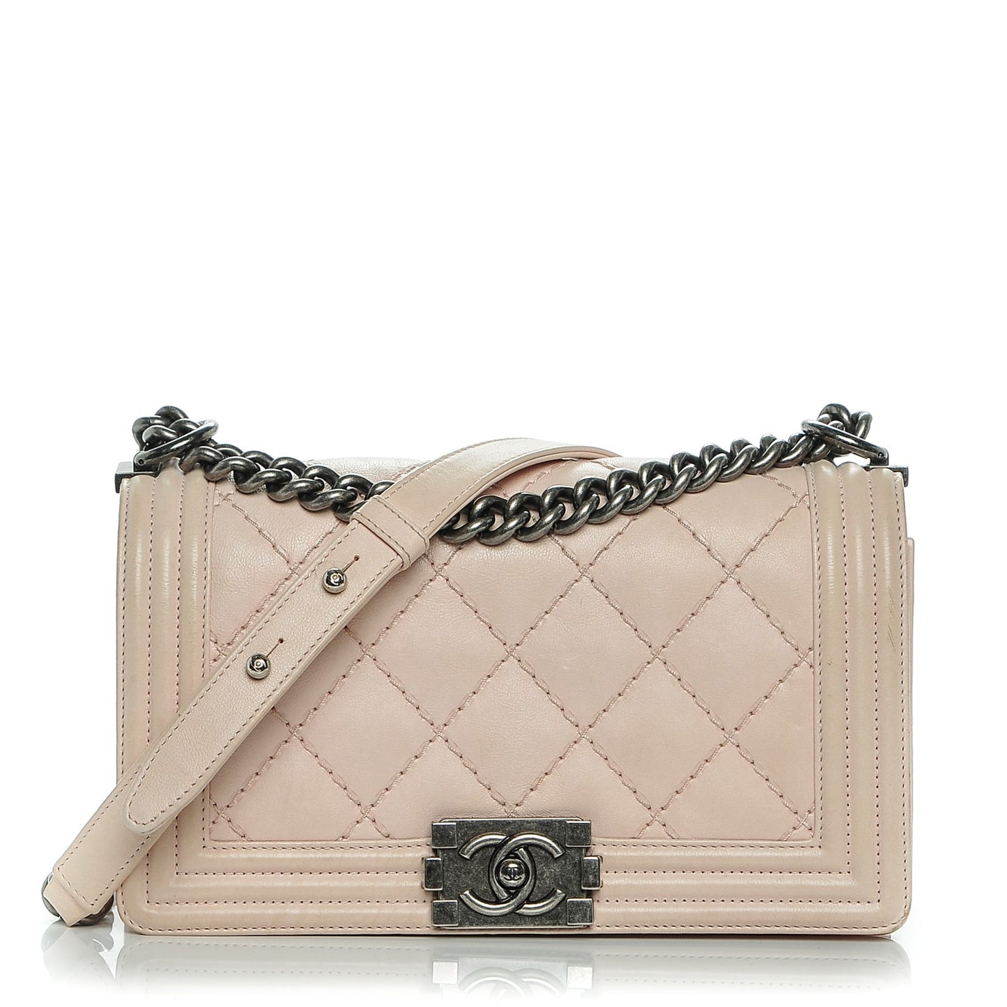 Calfskin Double Stitch Medium Boy Flap Light Pink