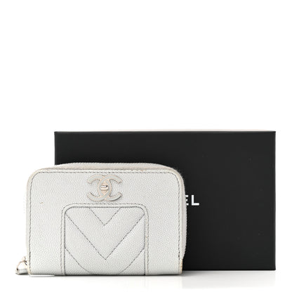 Chanel Metallic Caviar Chevron Quilted Vintage Mademoiselle Zip Coin Purse Silver 10 of 10