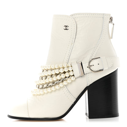 Chanel Crackled Calfskin Pearl Chain CC Short Boots 36 White 1 of 8