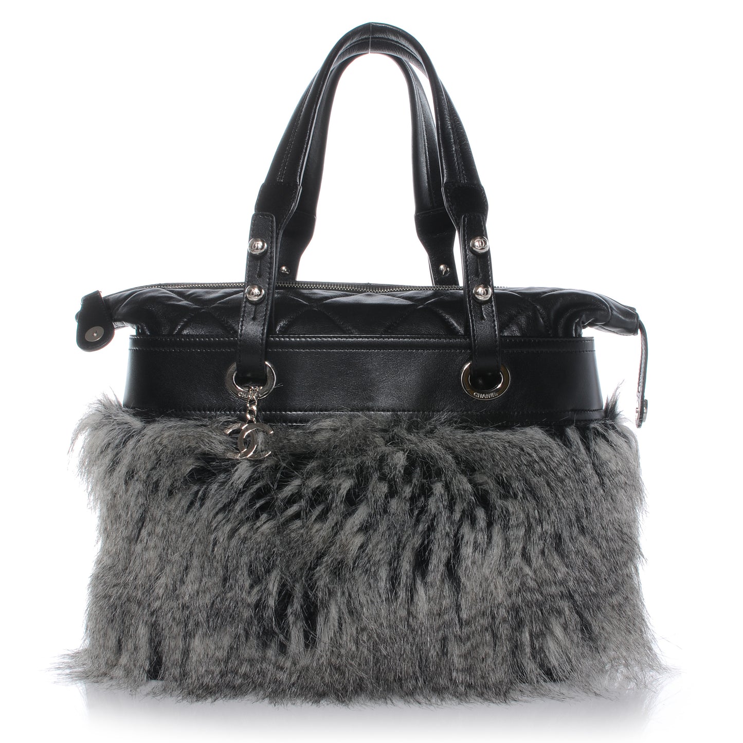 Quilted Lambskin Fantasy Fur Shopper Tote Black