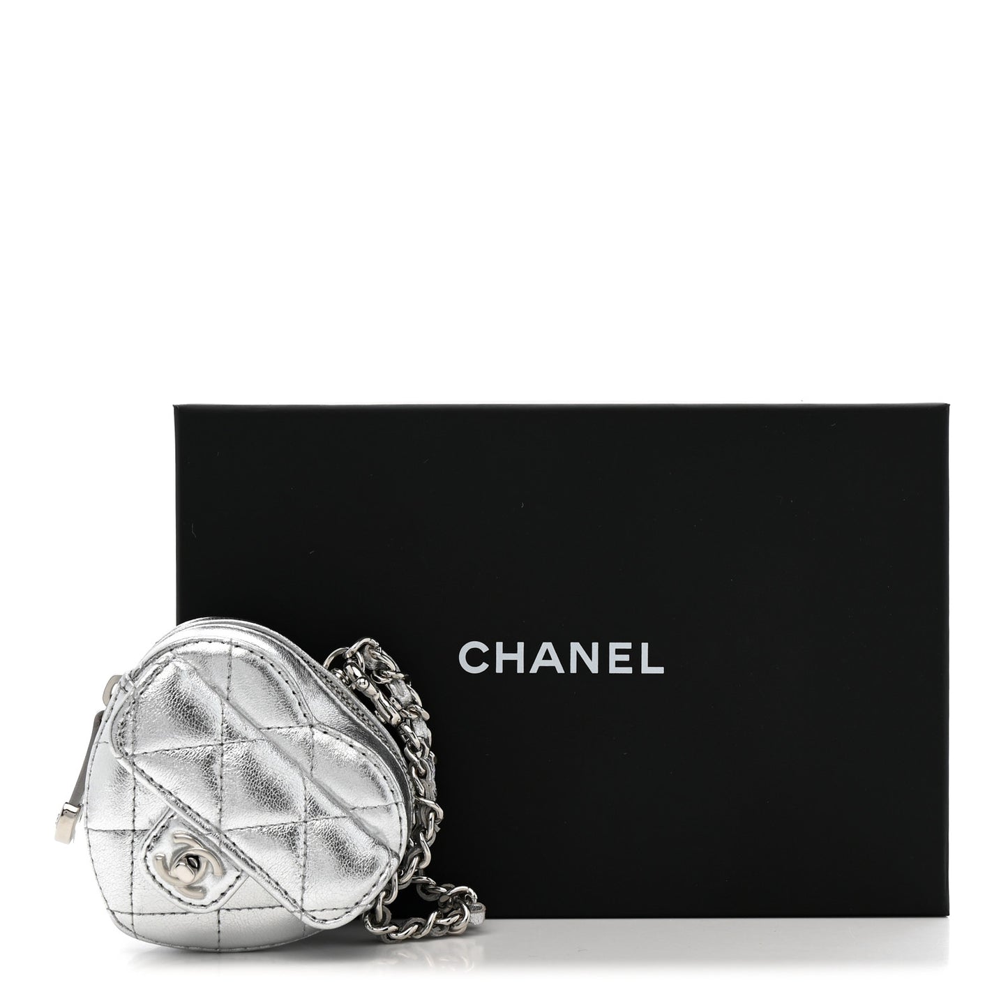 Metallic Lambskin Quilted CC Mini In Love Heart Bag Charm Silver
