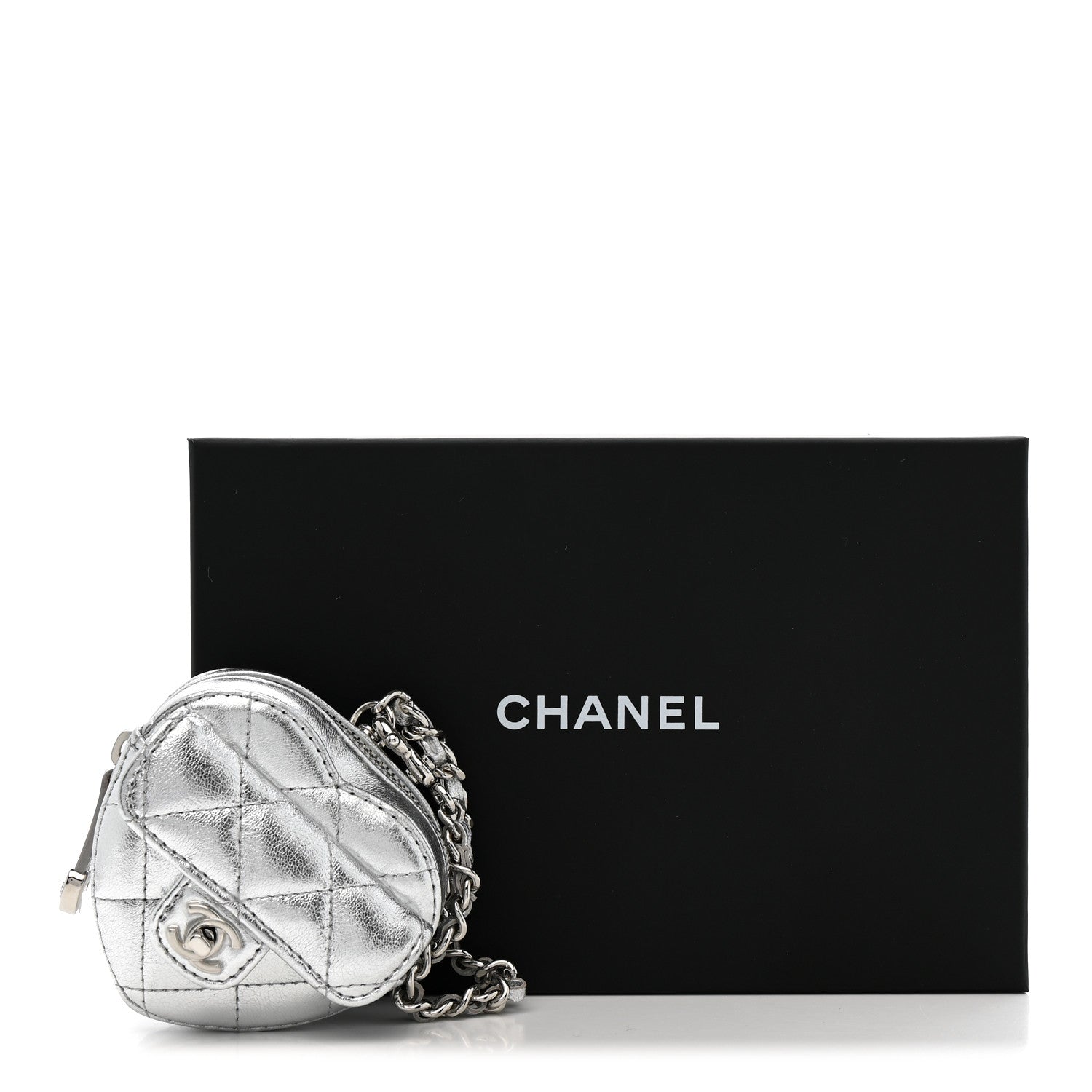 Chanel Metallic Lambskin Quilted CC Mini In Love Heart Bag Charm Silver 8 of 8