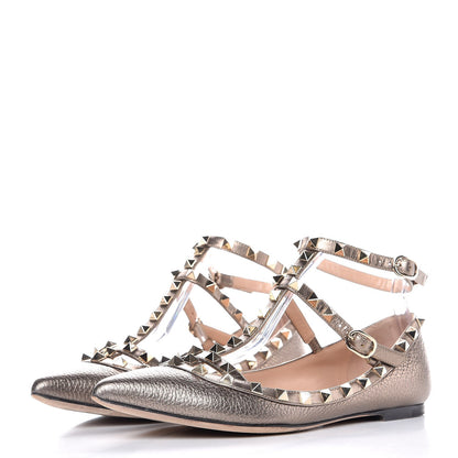 Valentino Garavani Metallic Pebbled Calfskin Rockstud Cage Ballerina Flats 37.5 Sasso 3 of 11