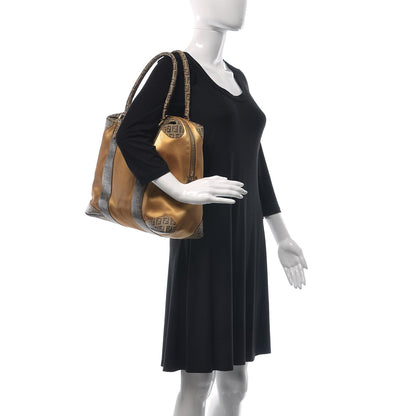 Fendi Metallic Canvas Zucca Zucchino Spalmati Large Mixed Media B Mix Tote Gold Brown 2 of 19