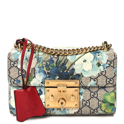 Gucci GG Supreme Monogram Blooms Small Padlock Shoulder Bag Beige Blue Navy Hibiscus Red 1 of 10