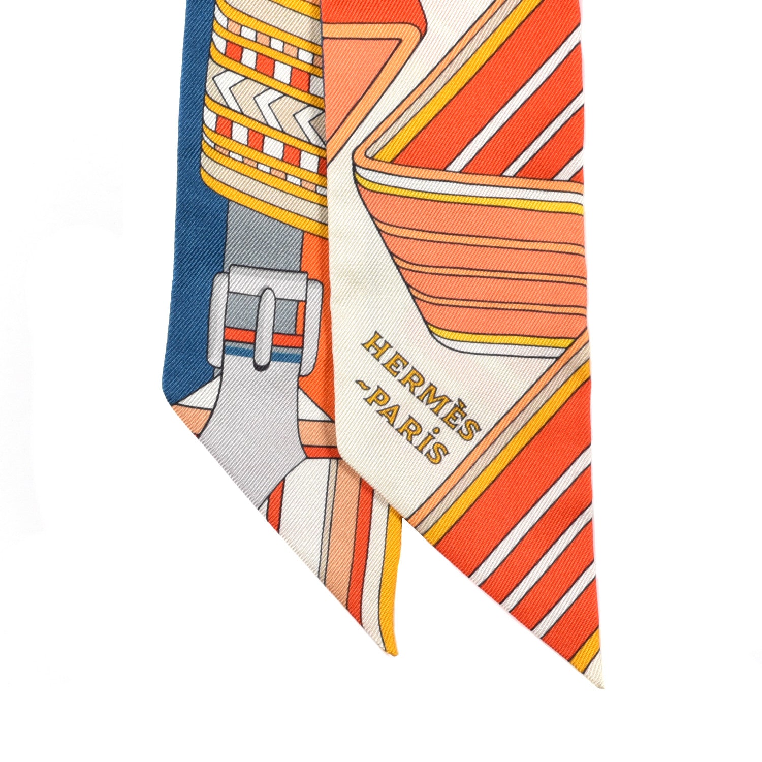 Hermes Silk Sangles En Zigzag Twilly Ivory Orange Bleu 2 of 4