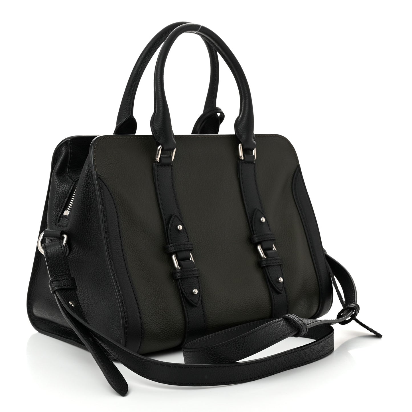 Pebbled Calfskin Small Skull Padlock Zip Around Tote Military Green Black