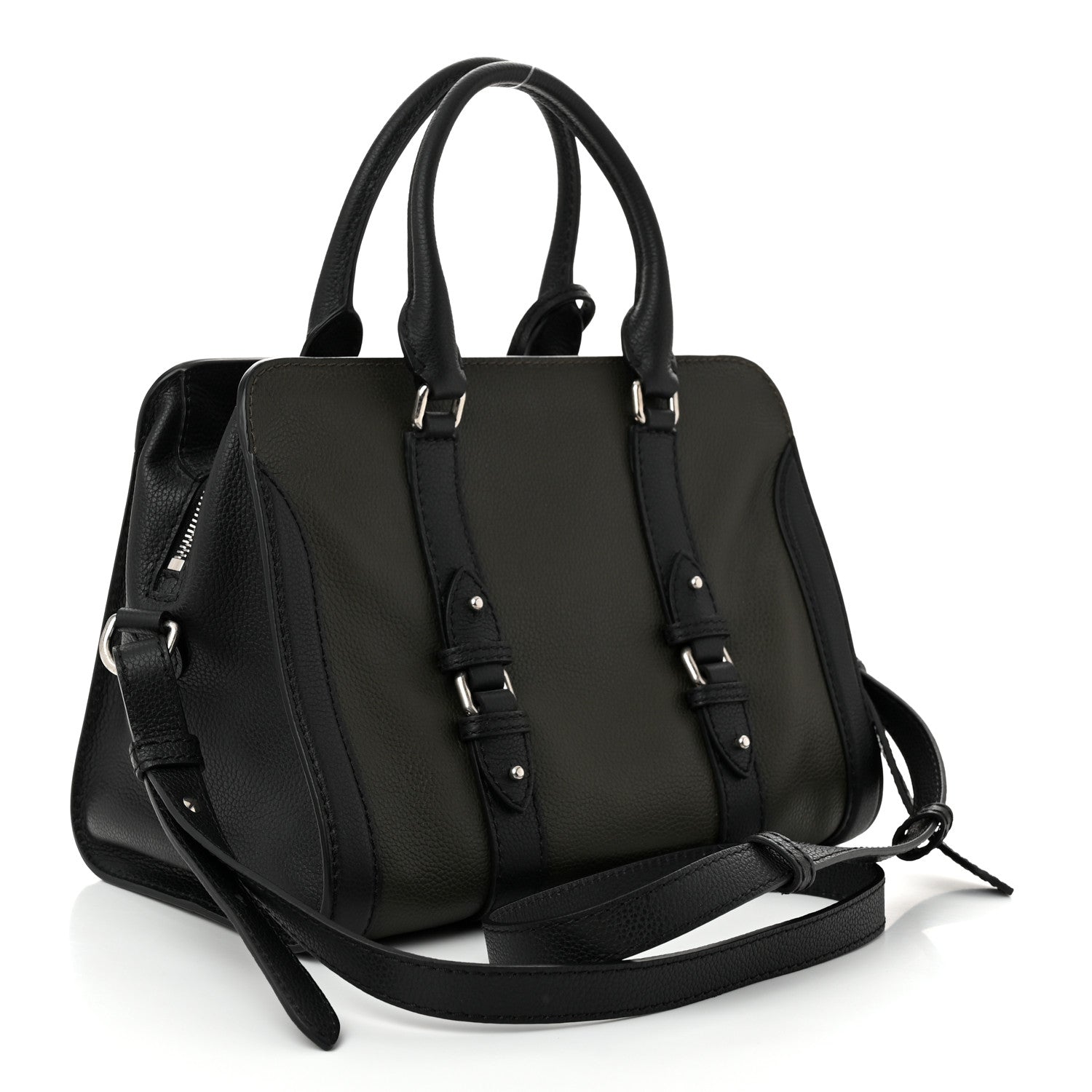 Alexander McQueen Pebbled Calfskin Small Skull Padlock Zip Around Tote Military Green Black 3 of 10