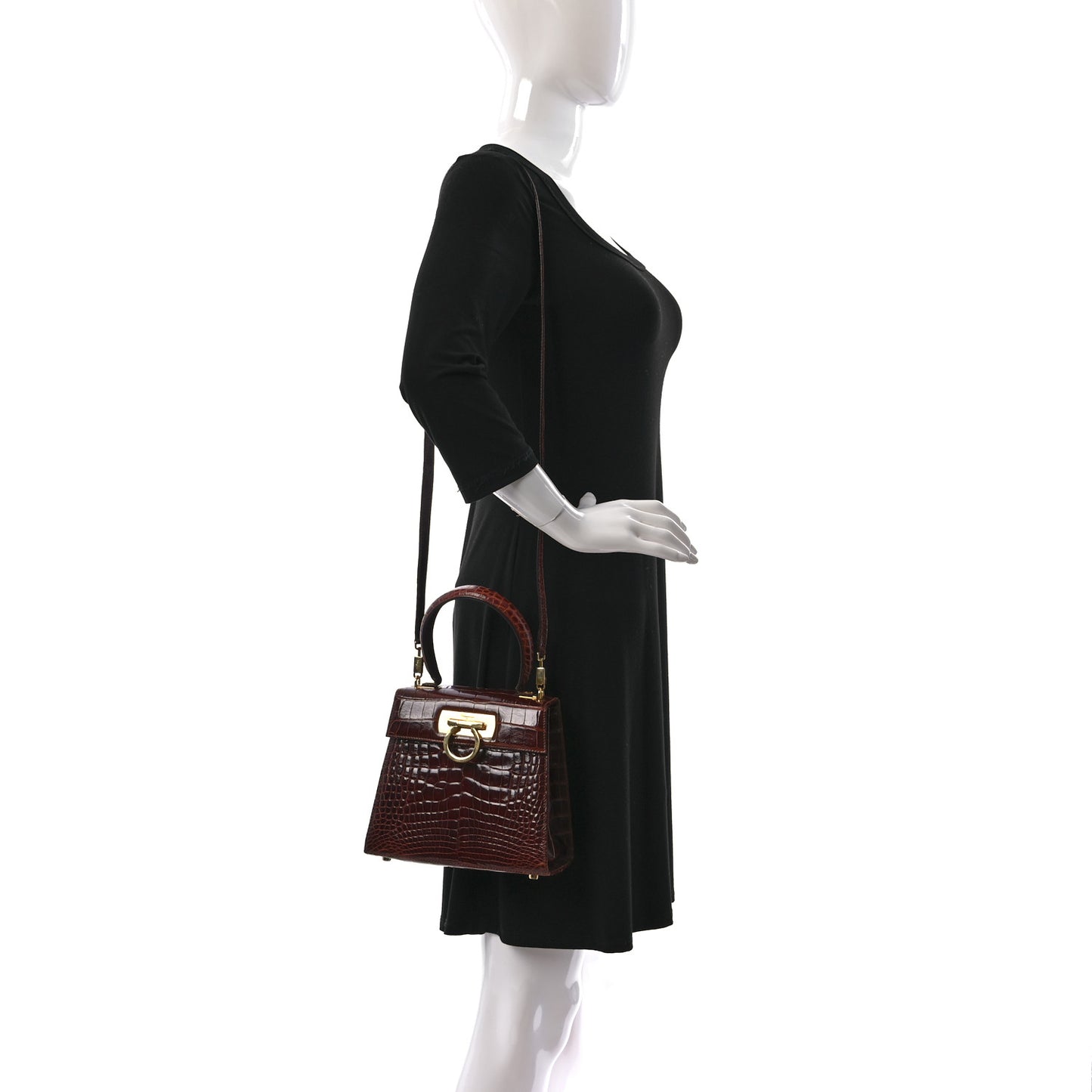 Crocodile Gancini 2-Way Top Handle Bag Brown