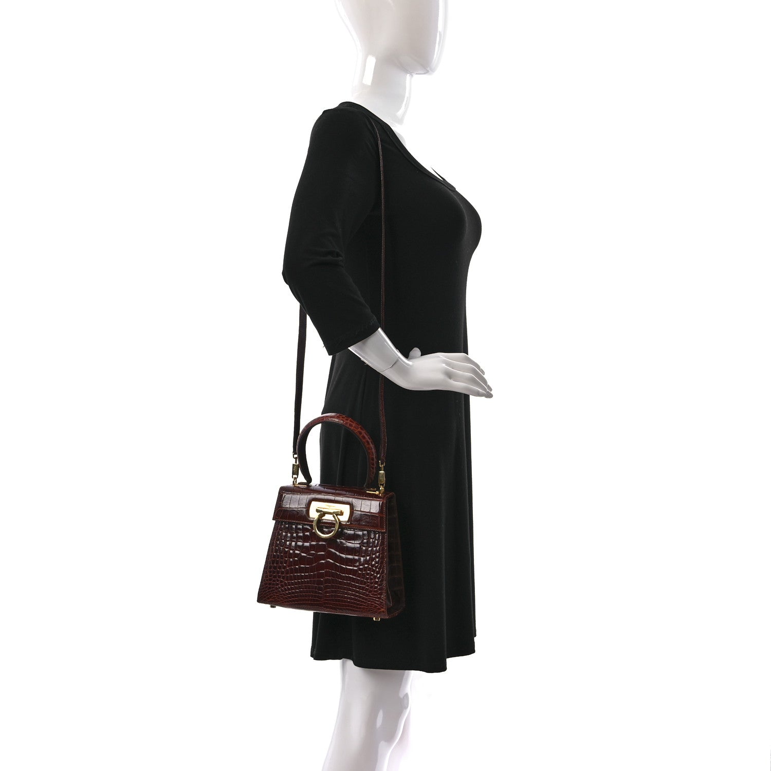 Salvatore Ferragamo Crocodile Gancini 2-Way Top Handle Bag Brown 2 of 9