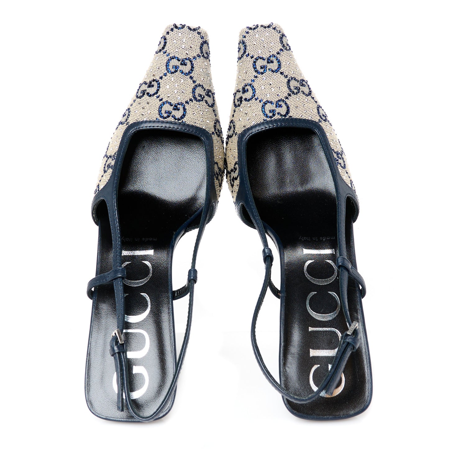 GG Monogram Malaga Kid Crystal Square G 75mm Slingback Pumps 38 Beige Blue