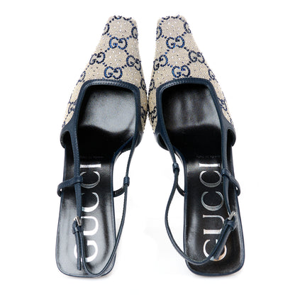 Gucci GG Monogram Malaga Kid Crystal Square G 75mm Slingback Pumps 38 Beige Blue 2 of 10