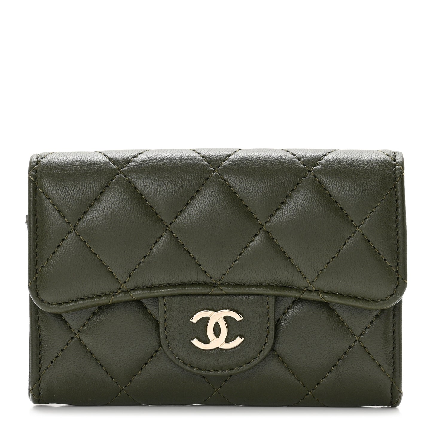 Lambskin Quilted Flap Card Holder Wallet Khaki