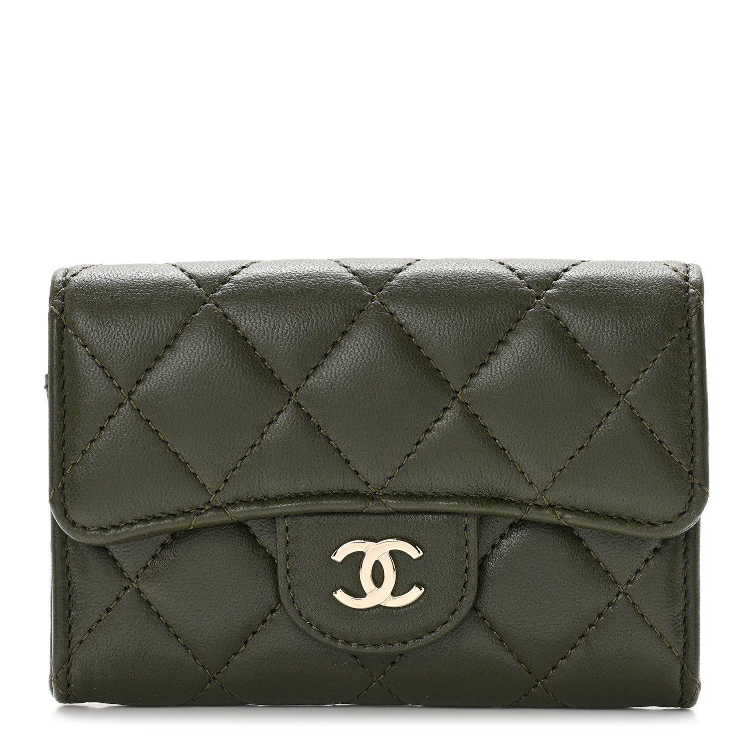 Chanel Lambskin Quilted Flap Card Holder Wallet Khaki 1 of 8