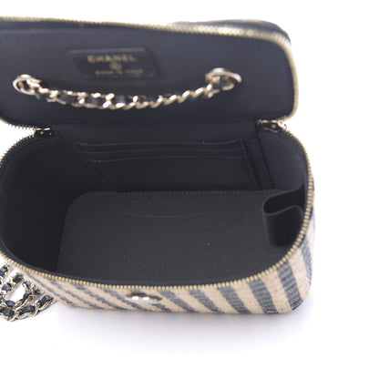 Chanel Raffia Jute Striped Small Vanity Case With Chain Black Beige 5 of 10