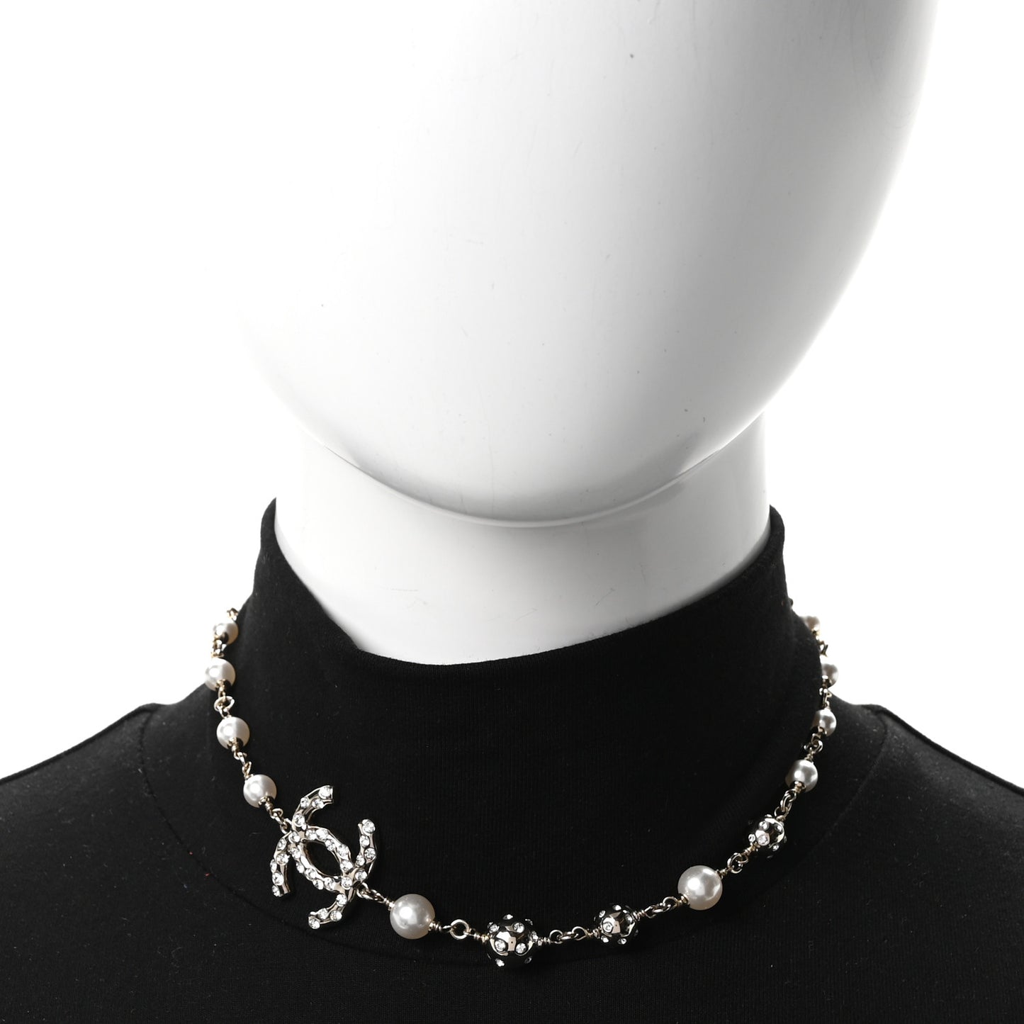 Pearl Crystal CC Choker Necklace Silver