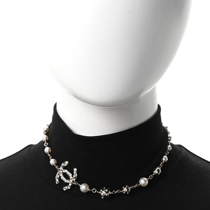Chanel Pearl Crystal CC Choker Necklace Silver 2 of 5