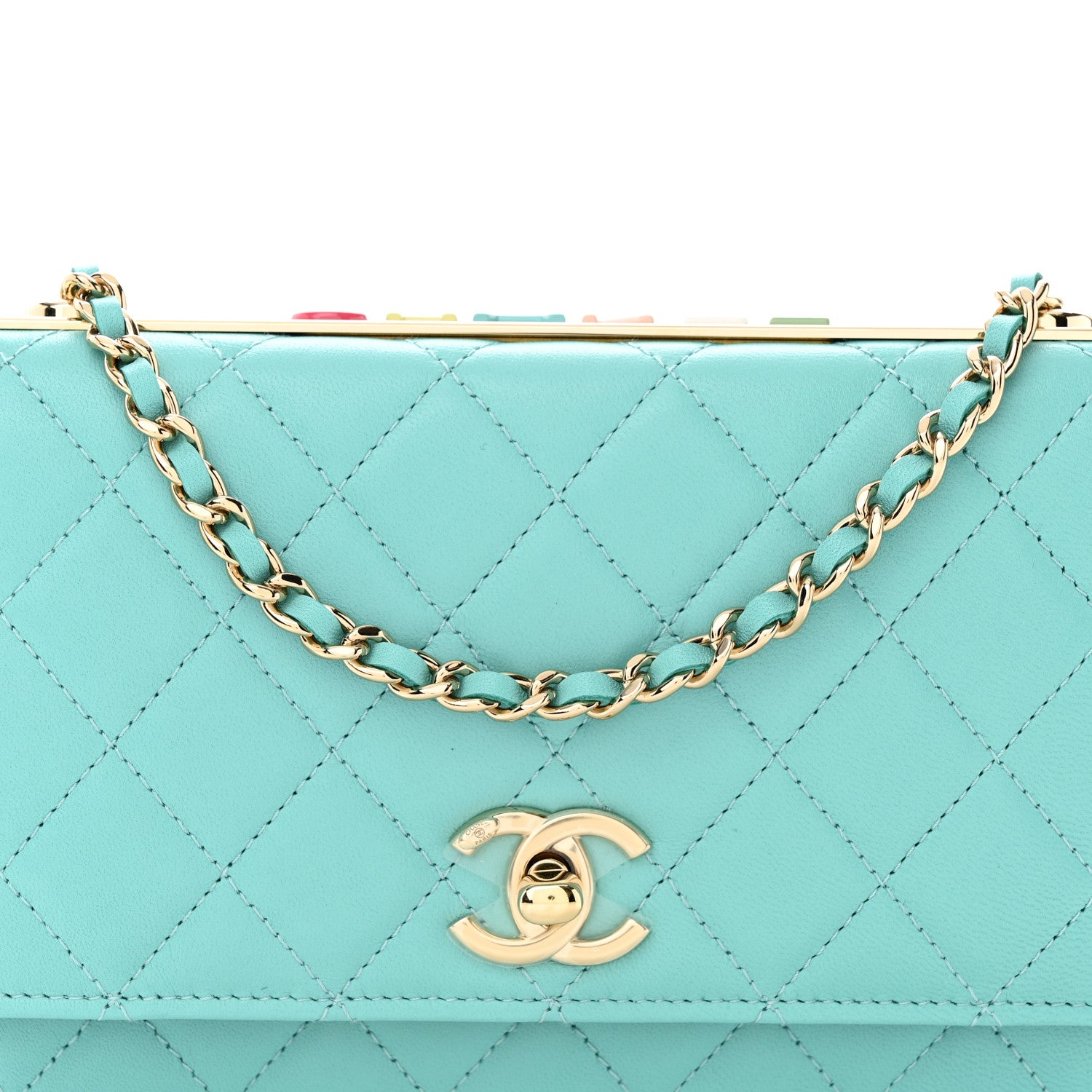 Chanel Lambskin Quilted Trendy CC Wallet On Chain WOC Turquoise