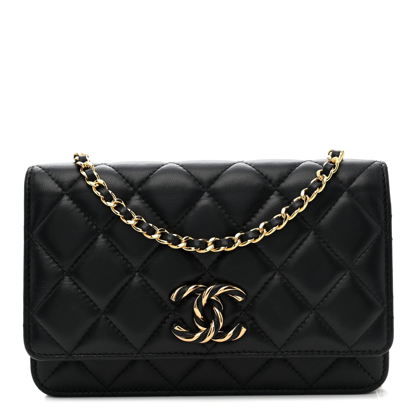 Lambskin Quilted Twisted CC Wallet On Chain WOC Black