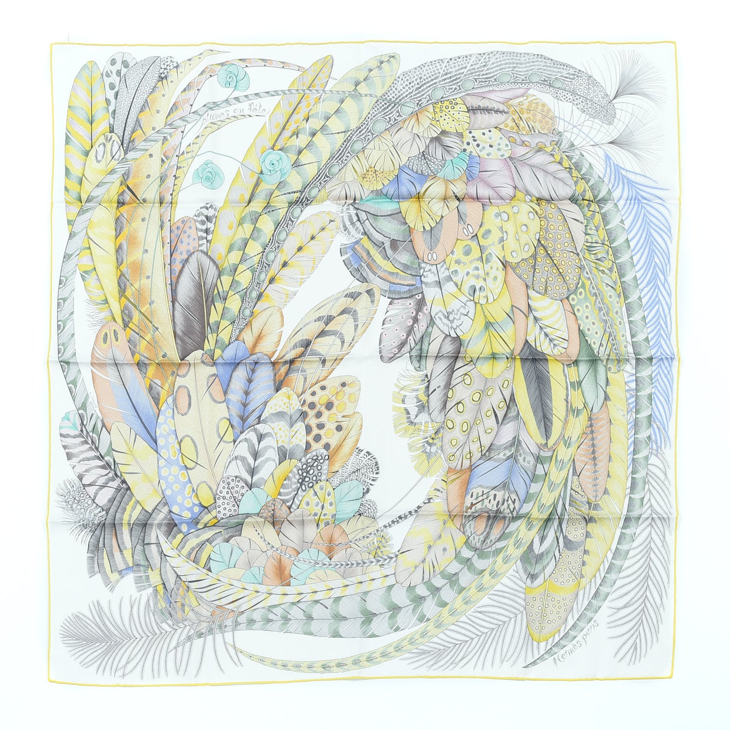 Cashmere Silk Plumes En Fete Scarf 90 Blanc Jaune Mauve