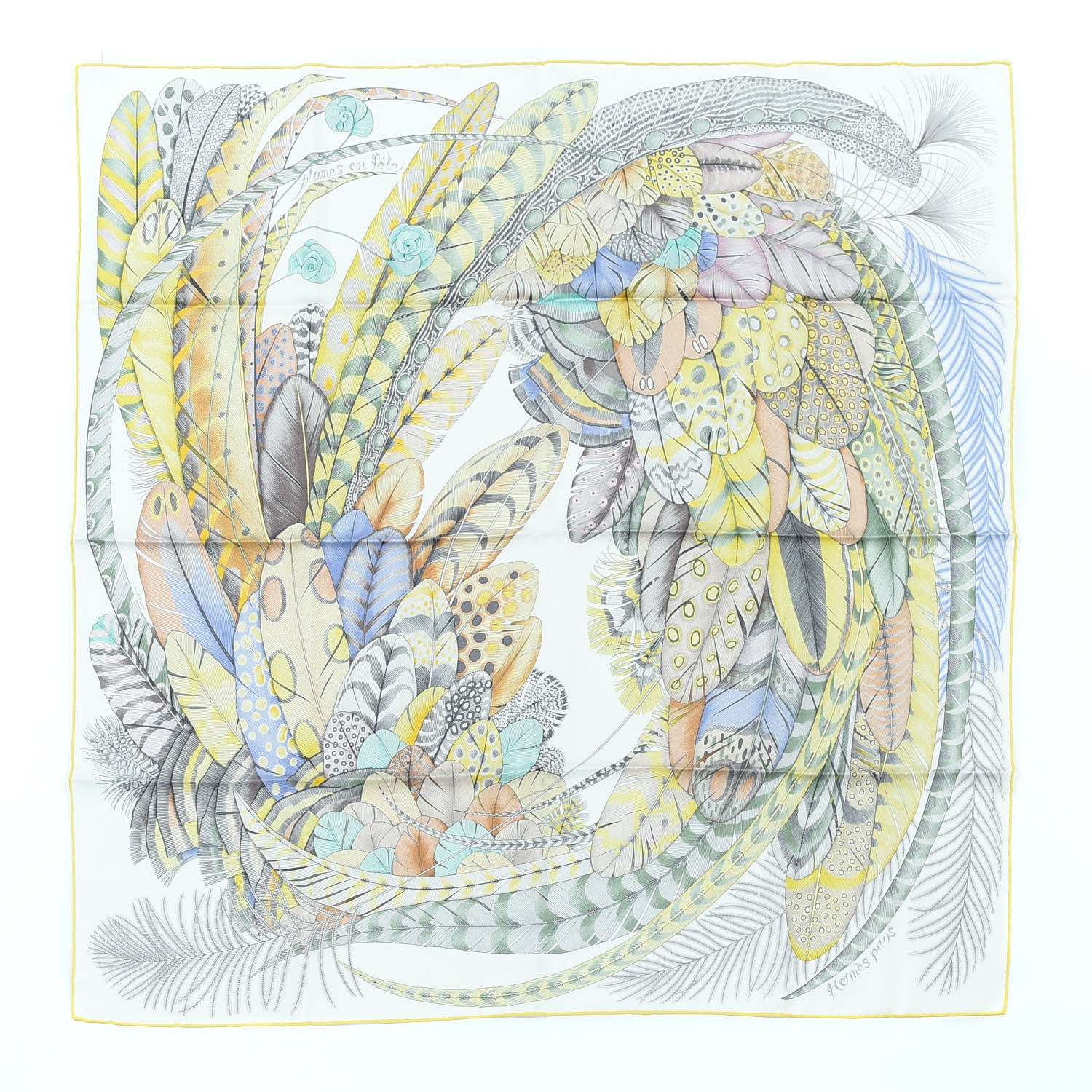 Hermes Cashmere Silk Plumes En Fete Scarf 90 Blanc Jaune Mauve 1 of 7