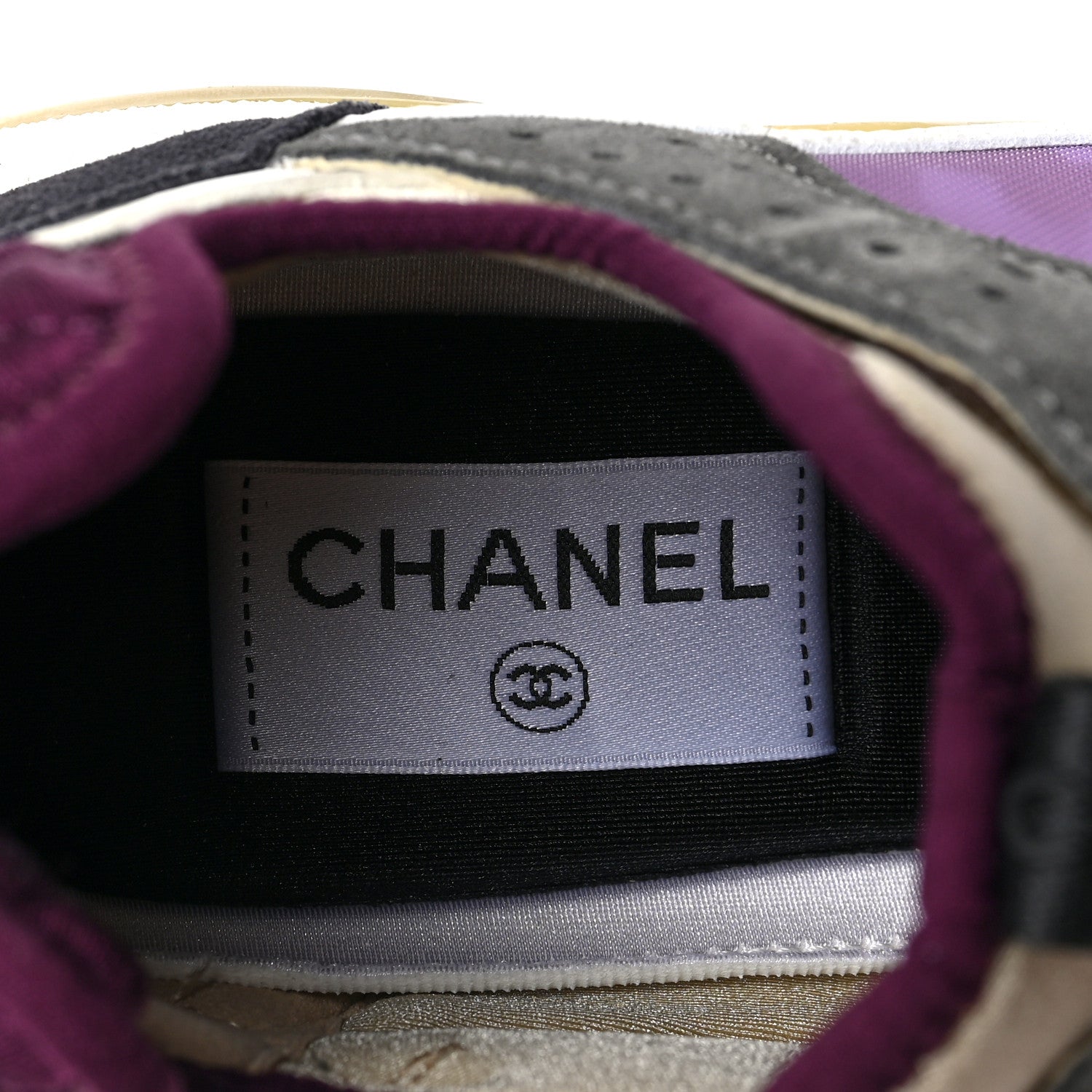 Chanel Fabric Suede Calfskin Mesh Womens CC Sneakers 37 White Grey Purple 7 of 8