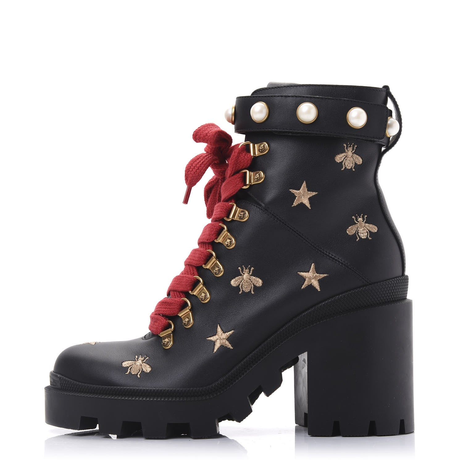 Gucci Calfskin Embroidered Lace Up Combat Ankle Boots 39.5 Black 1 of 11