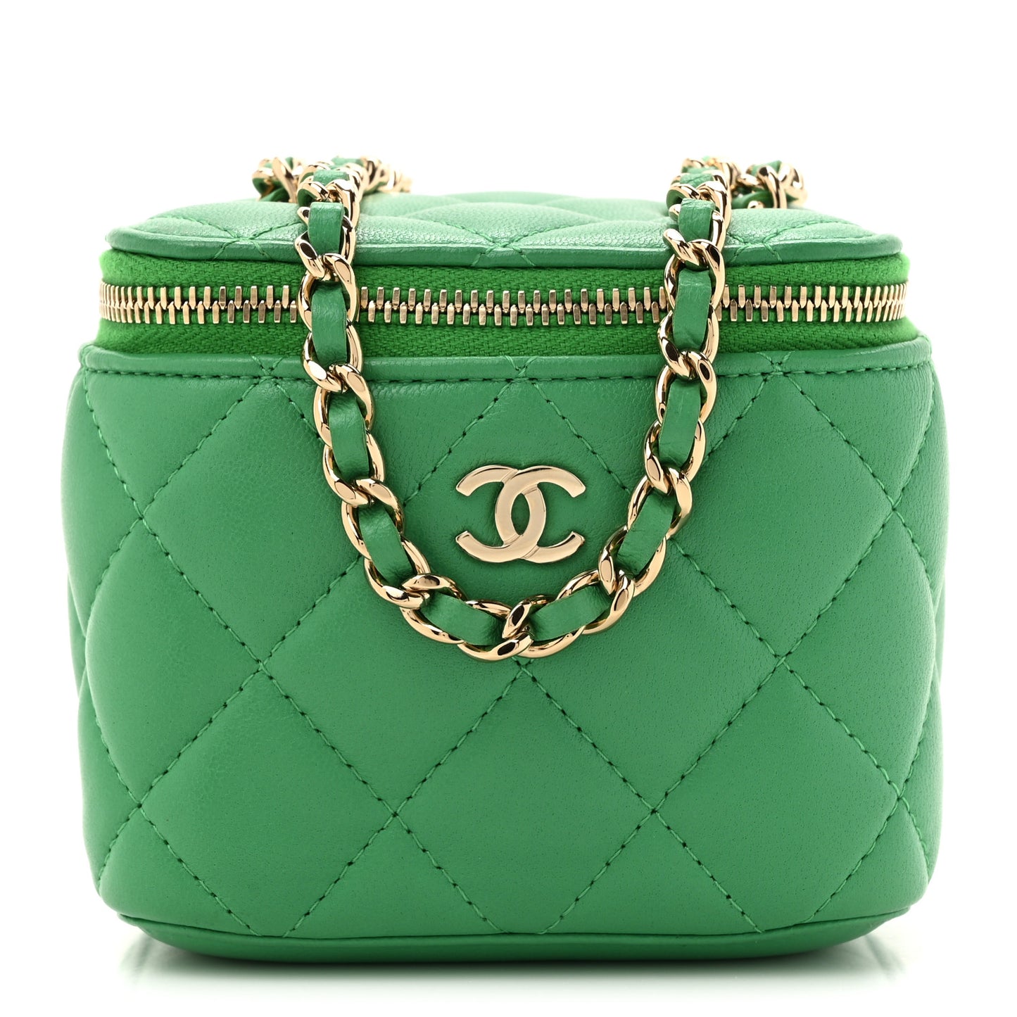 Lambskin Quilted Mini Vanity Case With Chain Green