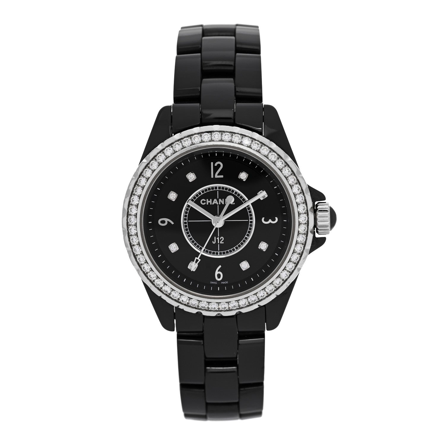 Chanel Stainless Steel Ceramic Diamond Bezel 33mm J12 Quartz Watch Black 1 of 5