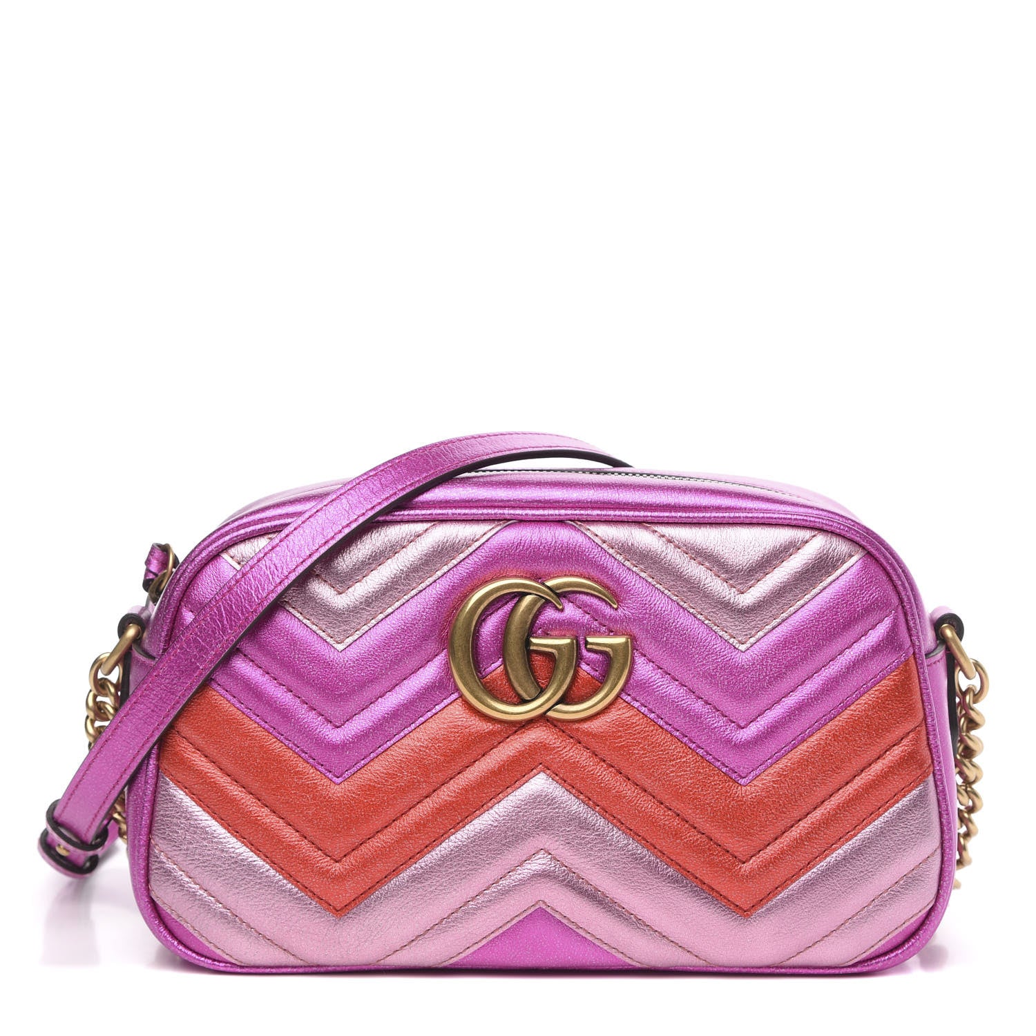 Gucci Laminated Nappa Matelasse Small GG Marmont Chain Shoulder Bag Fuxia Rosso Rosa 1 of 11