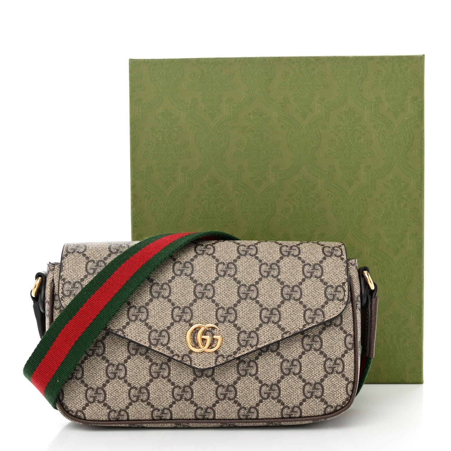 Gucci GG Supreme Monogram Textured Dollar Calfskin Web Mini Ophidia Envelope Shoulder Bag Beige Ebony 12 of 12