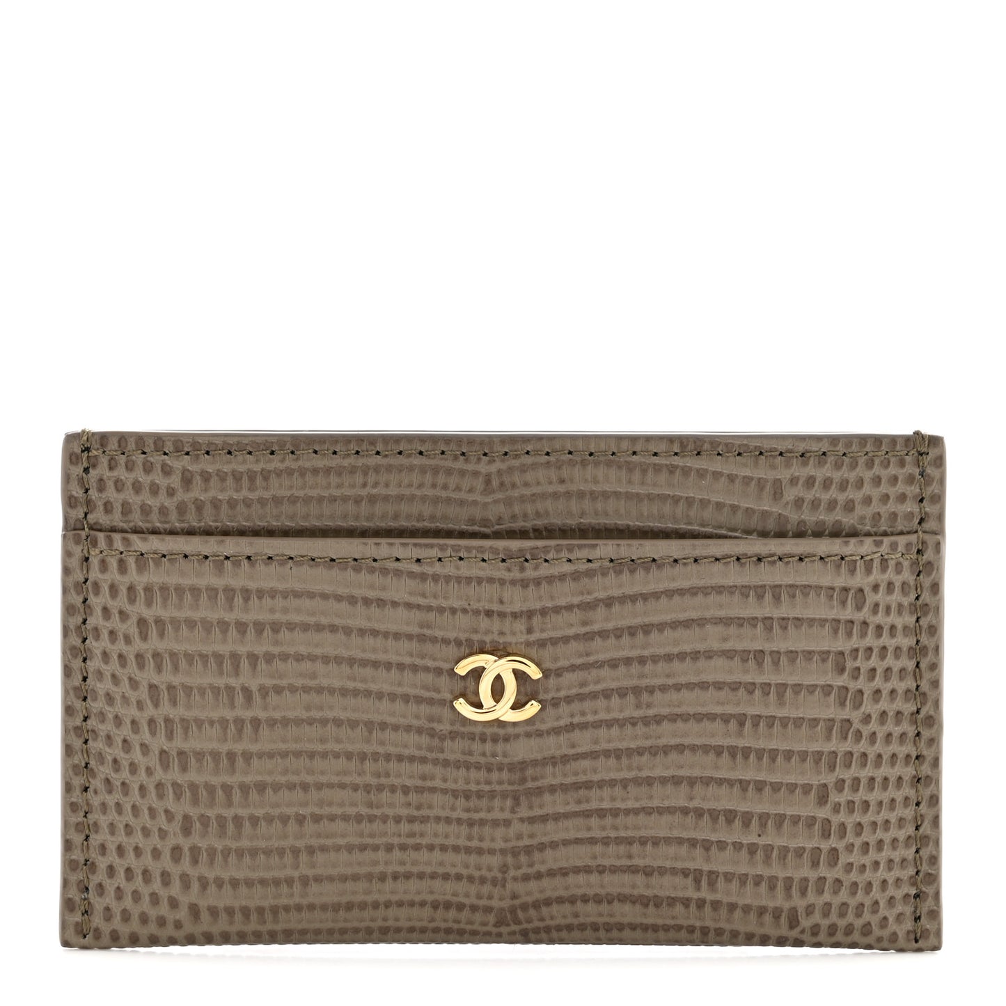 Calfskin Lizard Embossed Card Holder Gold Dark Khaki